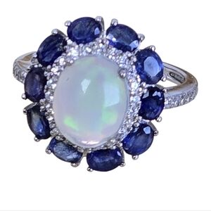 925 Sterling Silver Ring with Natural White Opal 8x10mm & Sapphire Gems